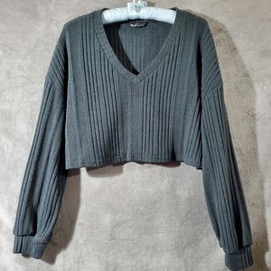 SHEIN V-Neck Cropped Sweater Long Sleeve Gray L